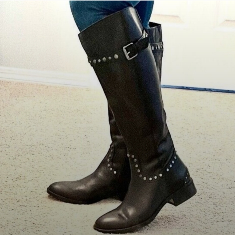 Sam Edelman 7.5 M Paxton Riding Boots Black Leather Studded Moto Knee High $180